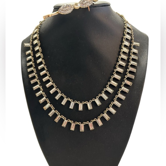 💎 Emerald Cut White Baguette Gold Necklace x 2 pcs, with matching hair pin, EUC - Picture 2 of 4